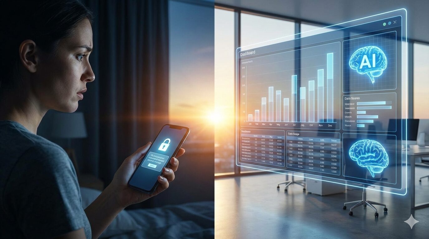 処遇改善加算への不安を抱える職員と、AIによる透明な情報公開の対比イメージ