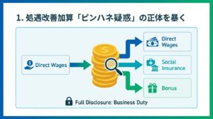 処遇改善加算の資金が、賃金や社会保険料へどう分配されるかを示す透明な仕組みの図解