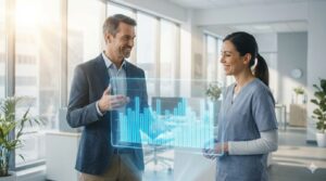 AIを使って業務量や賃金配分を可視化し、職員と対話する管理者の姿