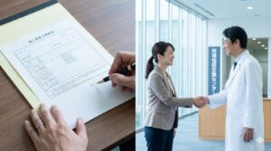 事務所の指定申請手続きと地域での挨拶回りをイメージしたシーン