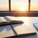 デスクの上に置かれた厚い参考書と、AIを象徴する光を放つスマートフォン。背景には明るい朝日が差し込んでいる。