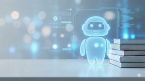 本の隣で優しく光るデジタルアシスタントのシルエット。専属のAI家庭教師が学習をサポートしているイメージ。