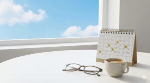 コーヒーと眼鏡が置かれたデスク。カレンダーには星印が付けられており、積み重ねた努力と目標達成を予感させる明るい景色。