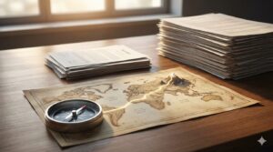 地図の上に置かれたコンパスと、山頂（合格）へ向かう明確なルートが示された戦略的なイメージ。