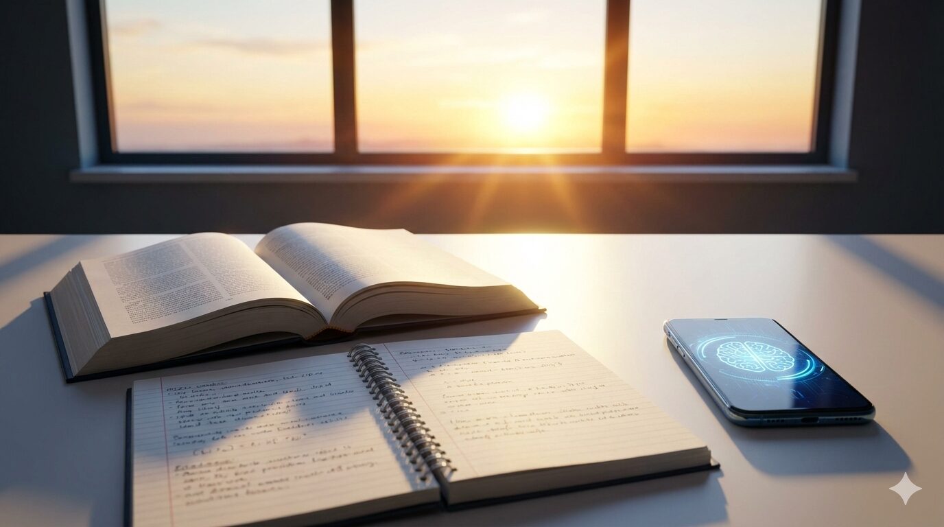 デスクの上に置かれた厚い参考書と、AIを象徴する光を放つスマートフォン。背景には明るい朝日が差し込んでいる。