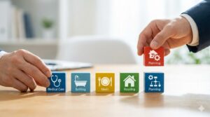 木のテーブルの上で、介護サービスを象徴するアイコン(住宅、食事、医療など)を丁寧に並べて計画を立てている手元のアップ。