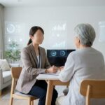 明るい部屋でケアマネージャーと高齢者が笑顔で相談している様子と、背後に浮かぶAI支援をイメージした光のアイコン。