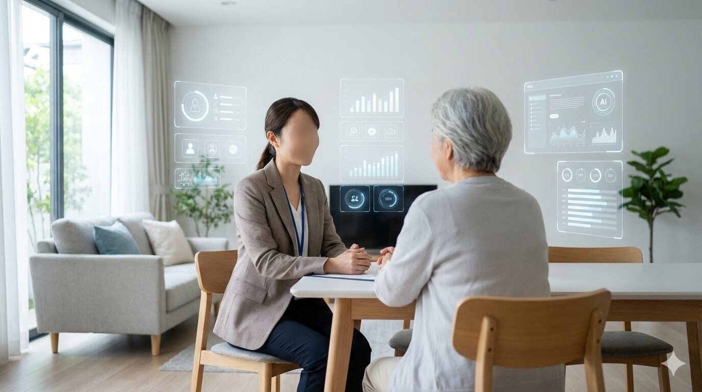 明るい部屋でケアマネージャーと高齢者が笑顔で相談している様子と、背後に浮かぶAI支援をイメージした光のアイコン。