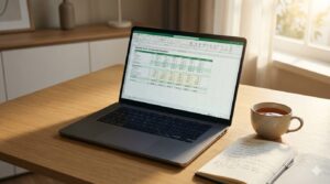 自宅オフィスで月間の収支シミュレーションを確認している様子