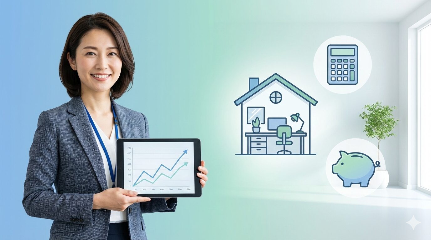 独立して自信を持って働くケアマネジャーと、収支管理・開業を象徴するアイコンのイメージ