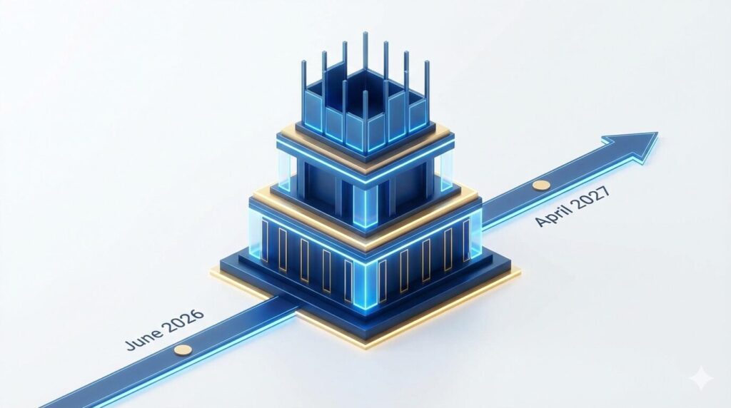 三階建ての構造物と、2026年6月の施行に向けたタイムライン。処遇改善の仕組みとスケジュールを表現した抽象図。