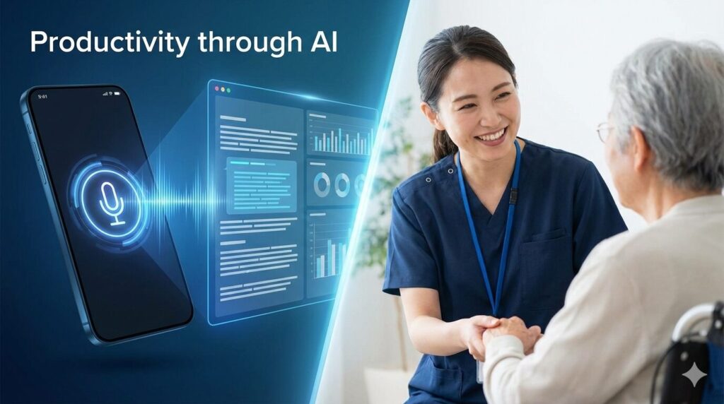 音声入力で書類が自動作成されるスマートフォンと、そのおかげで利用者と向き合う時間が増えたケアマネジャー。