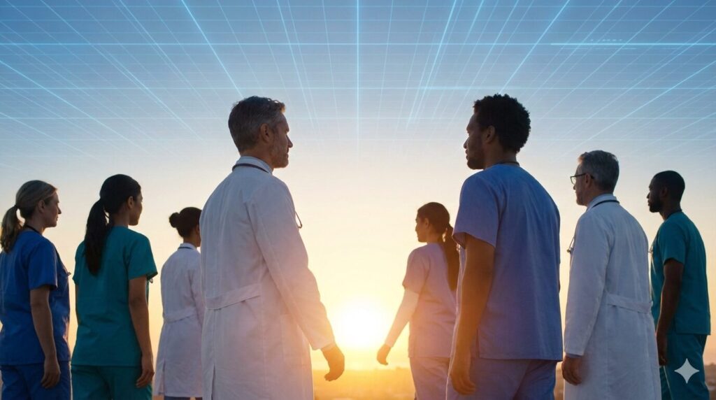 明るい地平線に向かって歩んでいく介護職のチームと、それらを支えるデジタルの光。