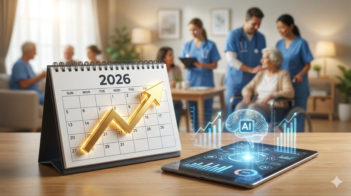 2026年のカレンダーと、賃上げを象徴する上昇矢印、そしてAI活用をイメージしたタブレット端末。