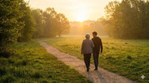 緑豊かな公園の道を、並んで歩いていく二人の後ろ姿。明るい未来に向かって進むパートナーシップのイメージ。
