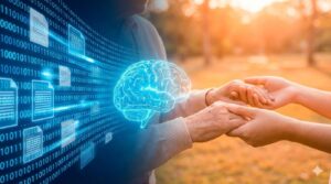 デジタルデータが高速で処理される様子と、人と人が温かく手を取り合って向き合う様子が融合したイメージ図。