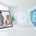 オンライン診療を行う医療スタッフと、それを守るサイバーセキュリティのデジタルシールドのイメージ