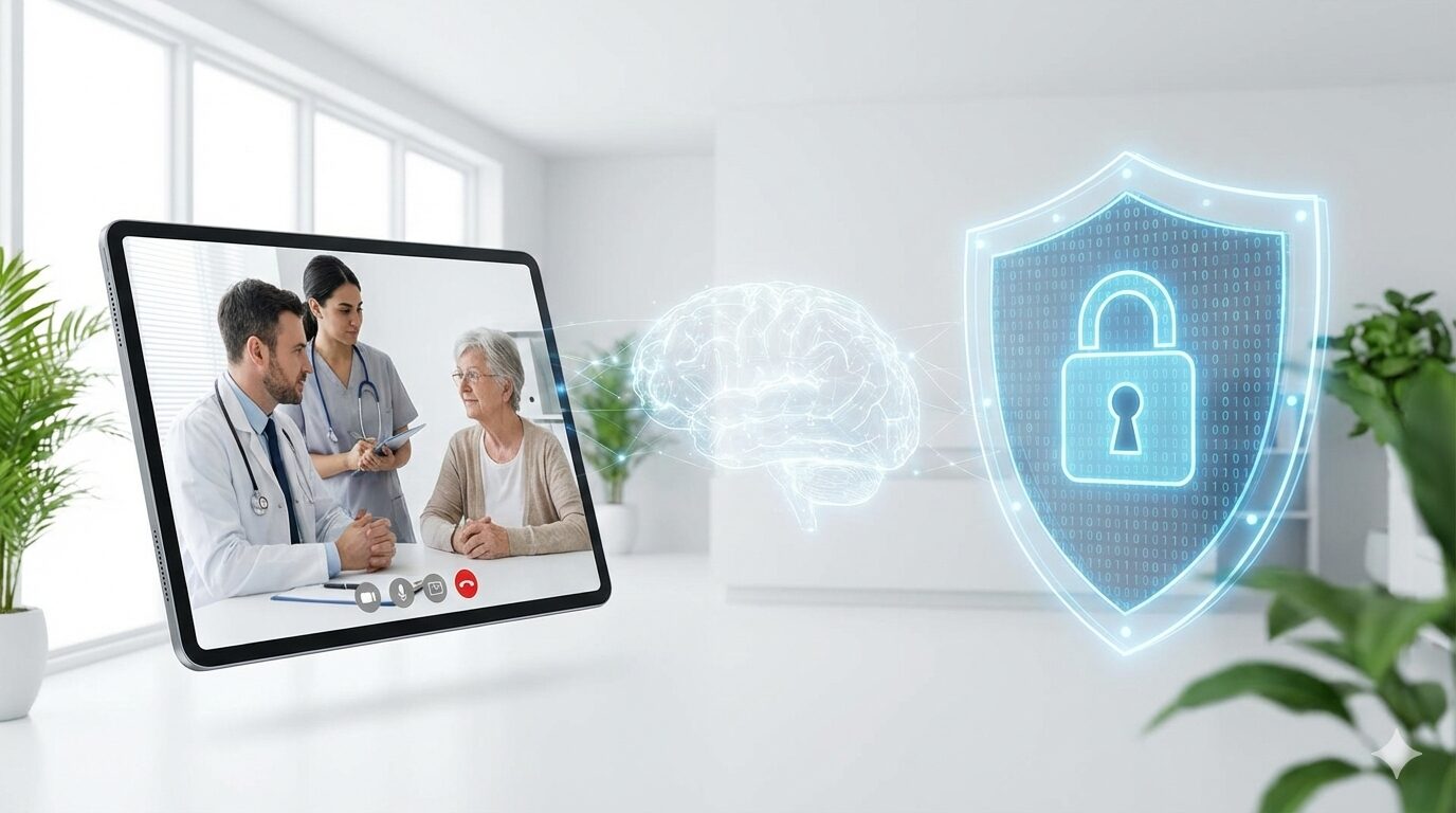 オンライン診療を行う医療スタッフと、それを守るサイバーセキュリティのデジタルシールドのイメージ
