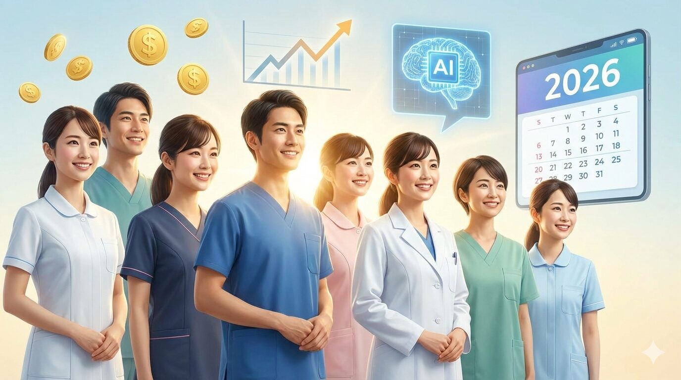 2026年に向けて笑顔で働く介護職員と、賃上げ・AI活用を象徴するアイコンのイメージ