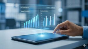 AIを使って賃金シミュレーションや業務分析を行っている管理者のタブレット画面