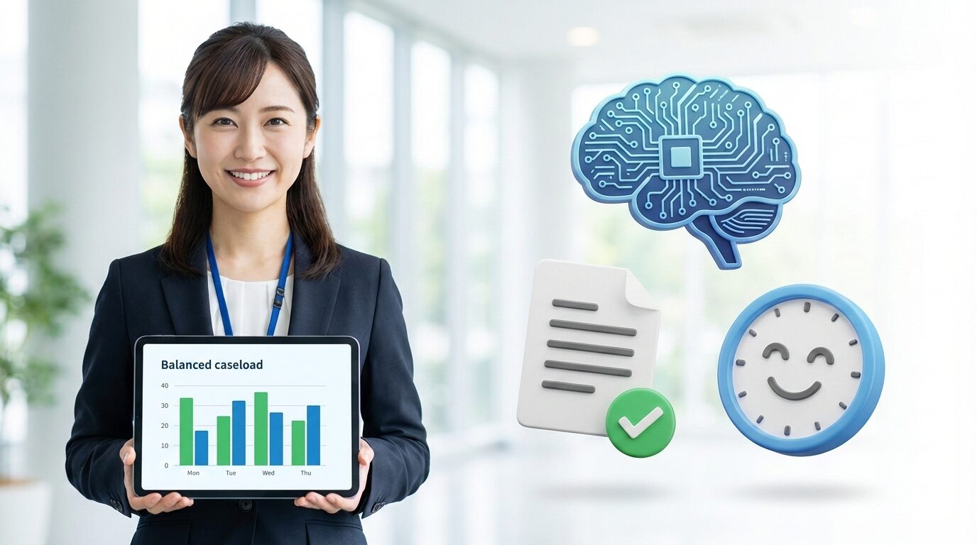 適切な担当件数を管理し、AIを活用して効率的に働くケアマネジャーのイメージ