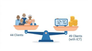 ケアマネジャーの担当上限数(44件と49件)と制度のバランスを示すインフォグラフィック