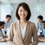 チームを牽引し、AIを活用して効率的に働く主任ケアマネジャーとスタッフたちのイメージ