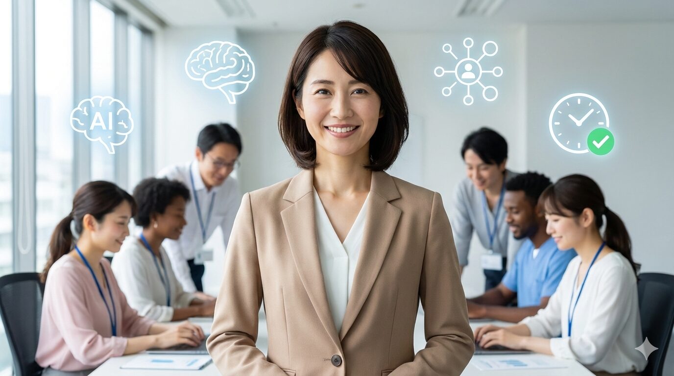 チームを牽引し、AIを活用して効率的に働く主任ケアマネジャーとスタッフたちのイメージ