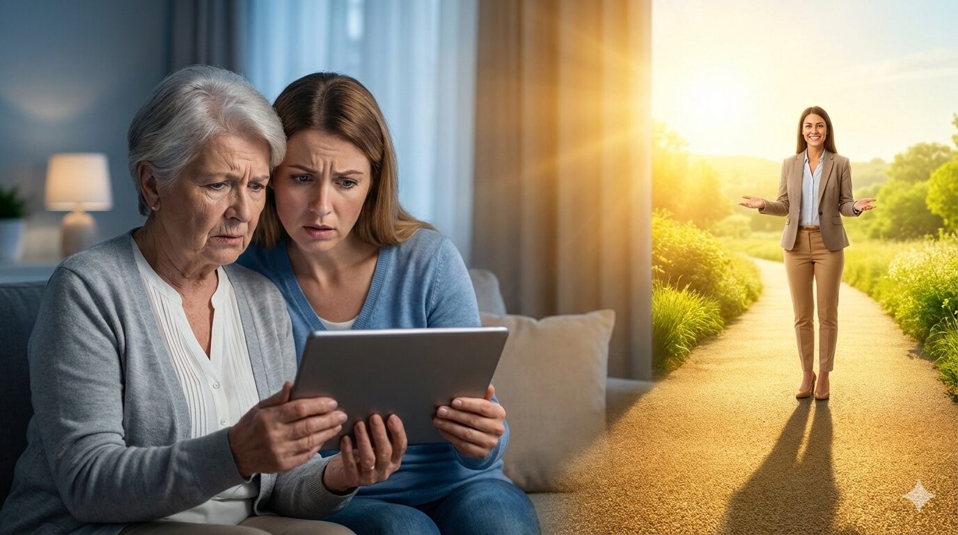 ケアマネジャーの交代を検討する家族と、その先にある明るい介護生活のイメージ