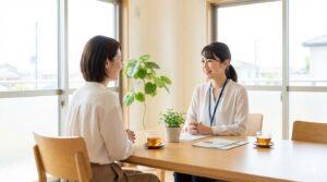 地域包括支援センターの窓口で、ケアマネジャー交代の手順について相談する家族の様子
