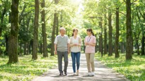 相性の良いケアマネジャーと出会い、安心して散歩を楽しむ利用者と家族