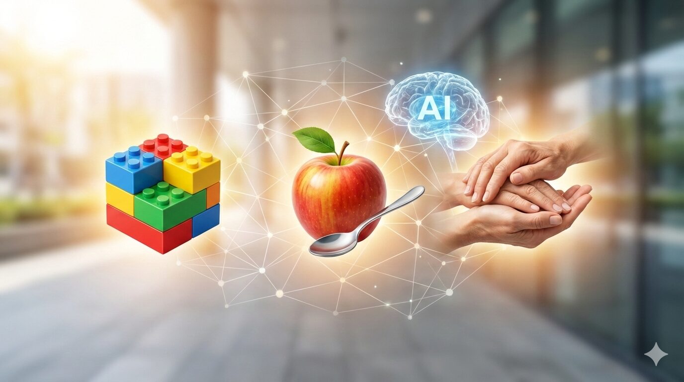 保育（積み木）、栄養（リンゴとスプーン）、介護（支え合う手）のアイコンが重なり合い、背景にAIのネットワークが広がるイメージ図。