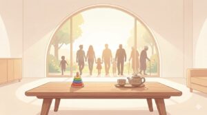 明るい多目的スペースのテーブルに、子供の玩具とお年寄りのお茶セットが並んでいる様子。共生型サービスをイメージした温かい空間。