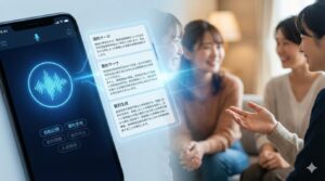 スマートフォンで音声記録が自動的に要約される様子と、その先にある人間同士の対話を表現したイメージ。