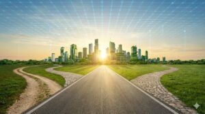 三本の道が一本の大きな道へと合流し、朝日が昇る未来の街へと続いている風景。