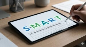 デジタル端末に表示された「SMARTの法則」の文字と、それをチェックしようとする手元のアップ。