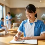ノートに目標を書き込み、前向きな表情を見せる介護職の女性と、成長を象徴する光のアイコン。