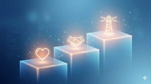 新人、中堅、ベテランの各ステージを象徴するアイコンが並んだ、ステップアップの概念図。