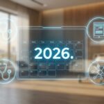2026年と書かれたデジタルカレンダーと、介護DXを象徴する光るアイコン群。