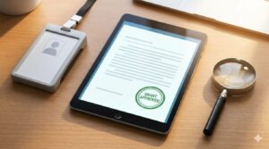 デスクに置かれたカードリーダー、タブレット、助成金承認済みのデジタル書類。