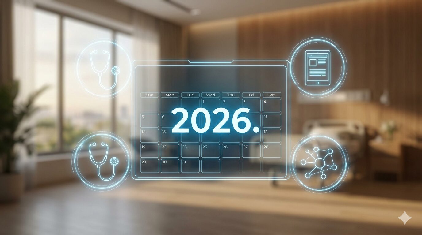 2026年と書かれたデジタルカレンダーと、介護DXを象徴する光るアイコン群。