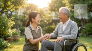 AIに記録を任せ、利用者とゆっくりと向き合い対話を楽しむ介護スタッフの笑顔。