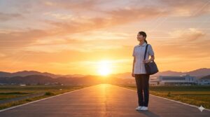 整理された目標（地図）を手に、明るい未来へ向かって歩み出す介護職の後ろ姿。