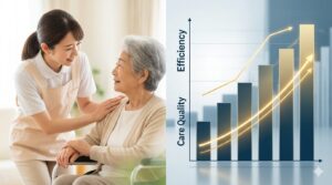 実際のケアの様子と、その成果が右肩上がりのグラフで示されている比較イメージ。