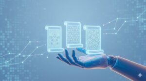 青く光るデジタルスクロールを掲げる、半透明のロボットアーム。体系的な研修と継続的な学習をイメージした抽象図。