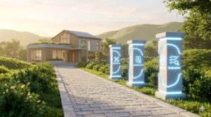 整備された石畳の道の脇に、光る「経験」「資格」「評価」の柱。透明性の高い昇給の仕組みを表現した風景。