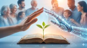 本から芽吹いた苗を、人間の手と光り輝くAIの手が共に支えている、協力と成長のイメージ。