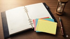 デスクに置かれた手帳、チェックボックスが付いたカード、砂時計。計画的かつ集中してキャリアパスの制度設計に取り組む様子。