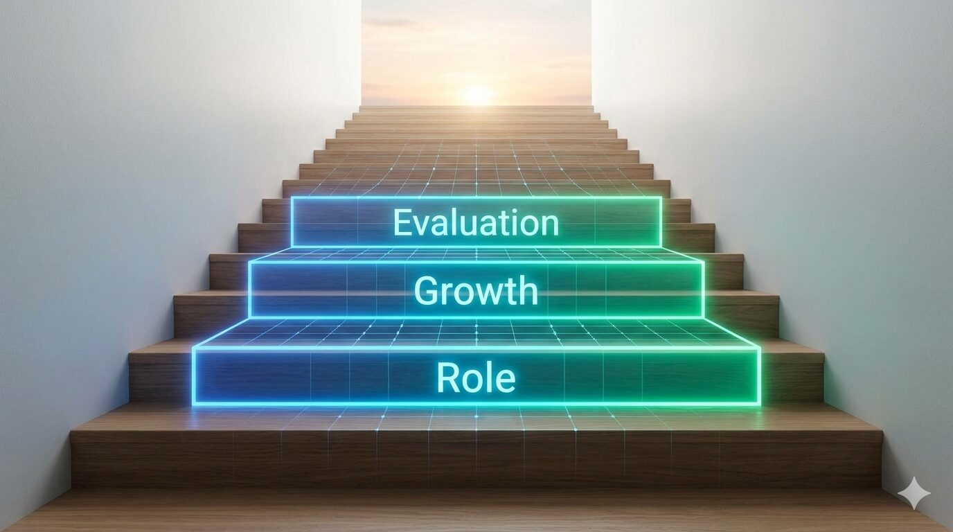 「役割」「成長」「評価」を象徴する3段の光る階段と、それを支えるデジタルネットワーク。未来へ続くキャリアパスのイメージ。