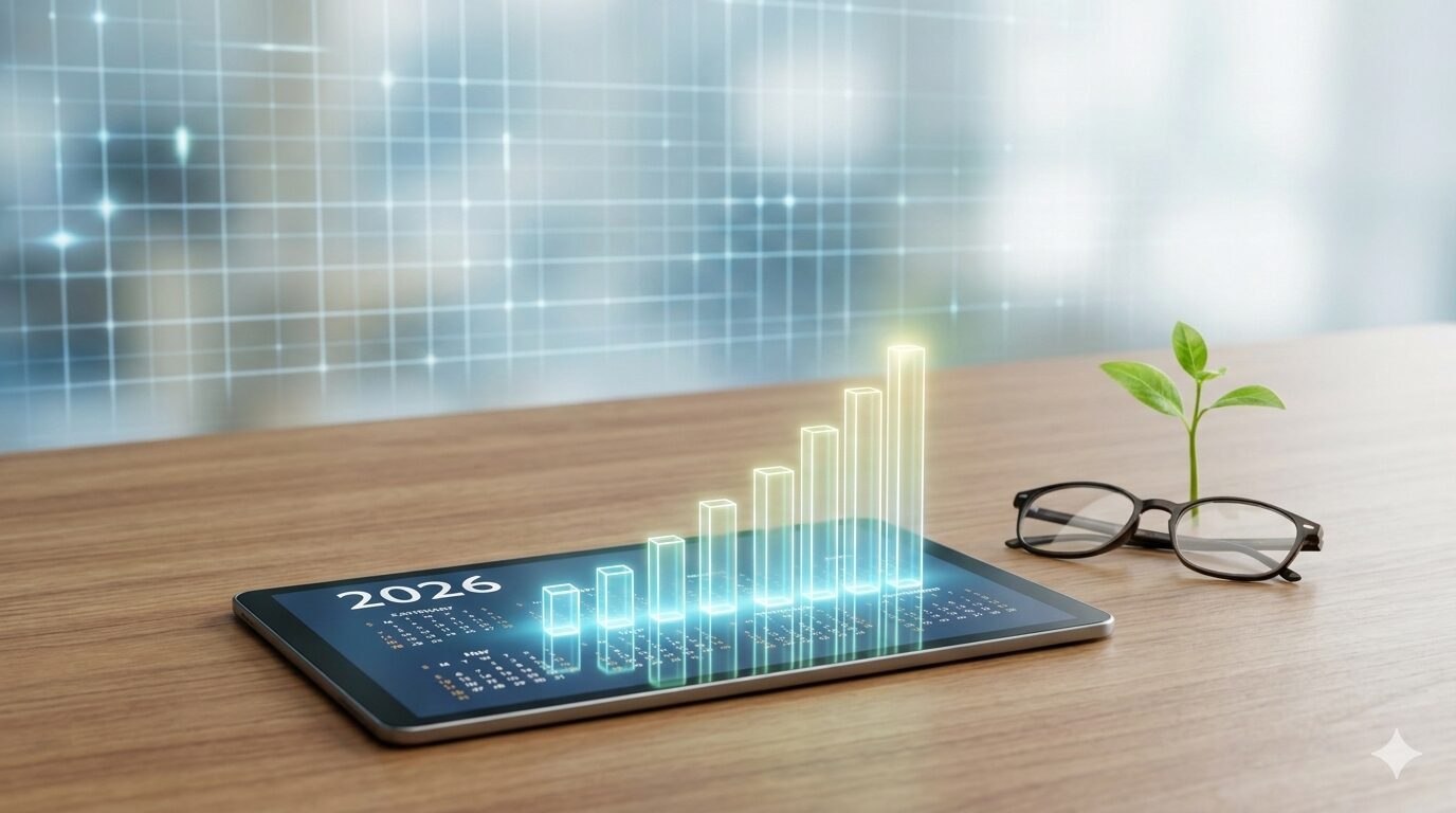 2026年のカレンダーと給与アップを示すグラフが表示されたタブレット端末。制度移行と成長を象徴するイメージ。